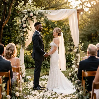 Interracial Couple Exchanging Vows in Garden