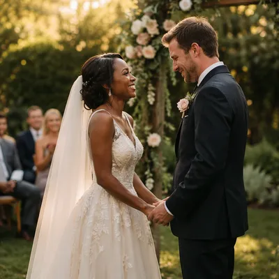 Interracial Couple Exchanging Vows in Garden