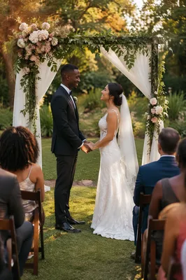 Interracial Couple Wedding Ceremony in Garden