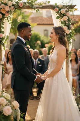 Interracial Couple Wedding Ceremony in Garden Courtyard