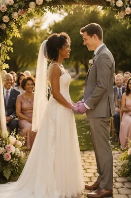 Interracial Couple Wedding in Sunlit Garden