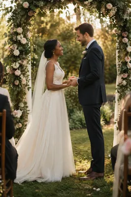 Interracial Couple Wedding Ceremony in Garden