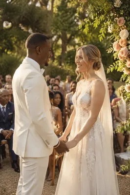 Interracial Couple at Garden Wedding Ceremony