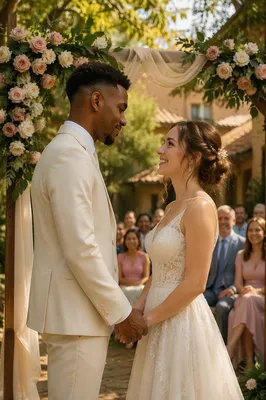 Interracial Couple Wedding in Garden Courtyard