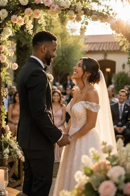 Interracial Couple Exchanging Vows in Garden