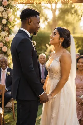 Interracial Couple Exchanging Vows in Garden
