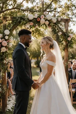 Interracial Couple Wedding Ceremony in Garden