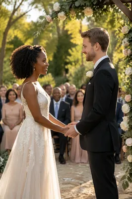 Interracial Couple Wedding Ceremony in Garden