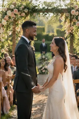 Interracial Couple Wedding Ceremony in Garden