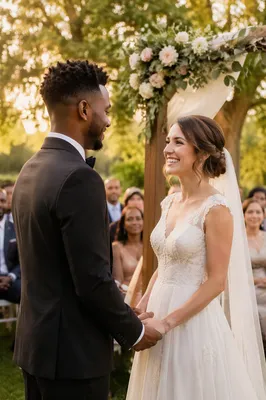 Interracial Couple Exchanging Vows in Garden