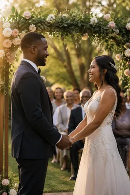 Interracial Couple Wedding Ceremony in Garden