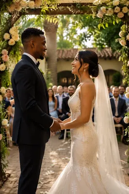 Interracial Couple Wedding in Garden Courtyard