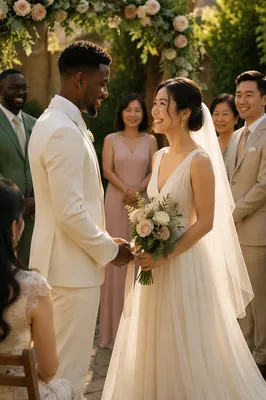 Interracial Couple Exchanging Vows in Garden