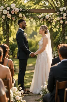 Interracial Couple at Garden Wedding Ceremony
