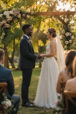 Interracial Couple Wedding Vows in Garden
