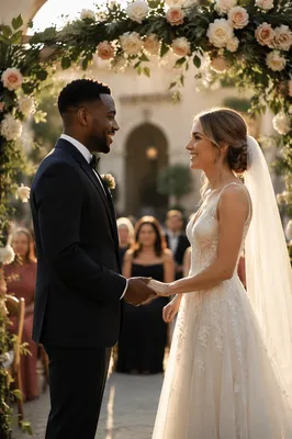Interracial Couple Wedding Ceremony in Garden Courtyard