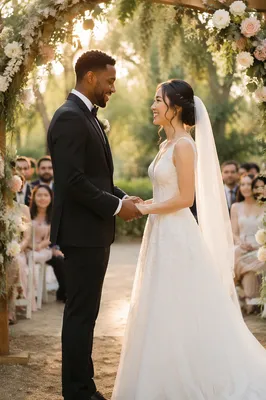 Interracial Couple Exchanging Vows in Garden