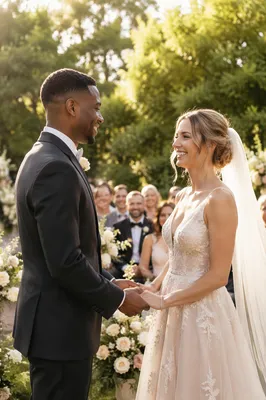 Interracial Couple at Garden Wedding Altar
