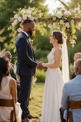 Interracial Couple Wedding Ceremony in Garden