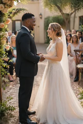 Interracial Couple Exchanging Vows in Garden
