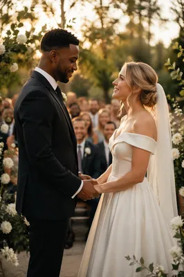 Interracial Couple Wedding Ceremony in Garden