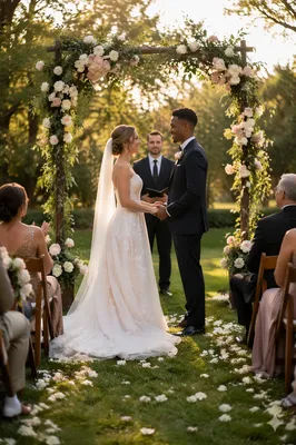 Interracial Couple Exchanging Vows in Garden