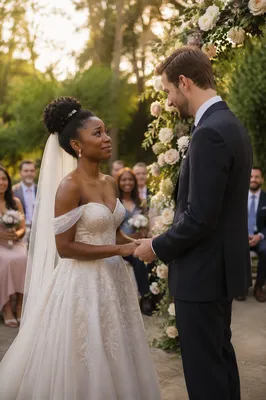 Interracial Couple Exchanging Vows in Garden