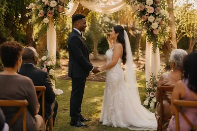 Interracial Couple Wedding in Sunlit Garden