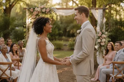 Interracial Couple Wedding Ceremony in Garden