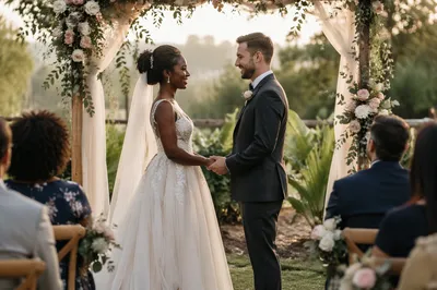 Interracial Couple Wedding in Sunlit Garden