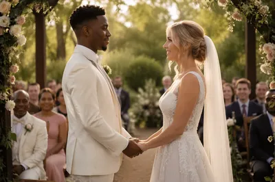 Interracial Couple Wedding Ceremony in Garden