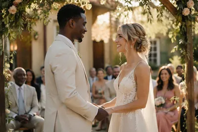 Interracial Couple Wedding Ceremony in Garden Courtyard