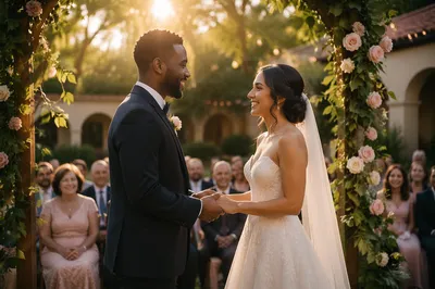 Interracial Couple Exchanging Vows in Garden