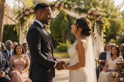 Interracial Couple Exchanging Vows in Garden