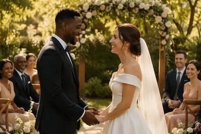 Interracial Couple Wedding Ceremony in Garden