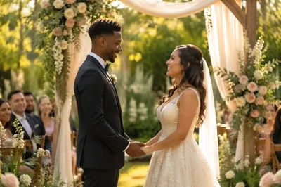 Interracial Couple at Garden Wedding Ceremony