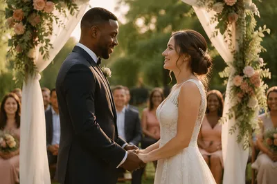 Interracial Couple Exchanging Vows in Garden