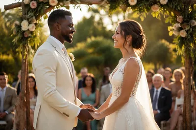 Interracial Couple Wedding Ceremony in Garden
