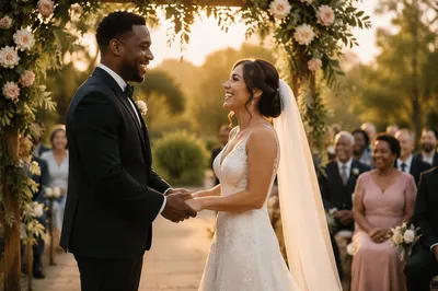 Interracial Couple Wedding Ceremony in Garden
