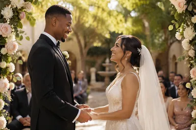 Interracial Couple Wedding in Garden Courtyard