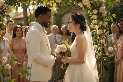 Interracial Couple Exchanging Vows in Garden