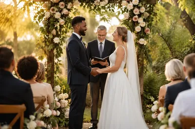Interracial Couple at Garden Wedding Ceremony