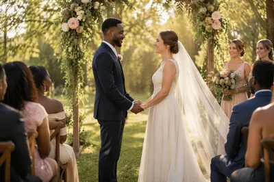 Interracial Couple Exchanging Vows in Garden