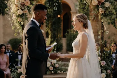 Interracial Couple at Garden Wedding Ceremony