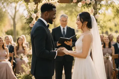 Interracial Couple Wedding Vows in Garden