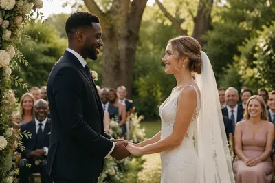 Interracial Couple at Garden Wedding Altar