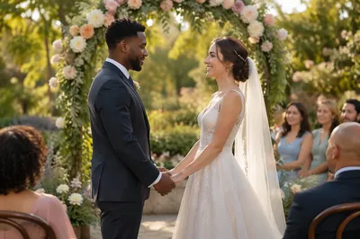 Interracial Couple Wedding in Sunlit Garden