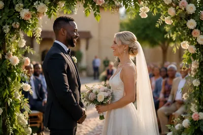 Interracial Couple Exchanging Vows in Garden