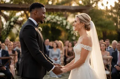 Interracial Couple Wedding in Garden Ceremony