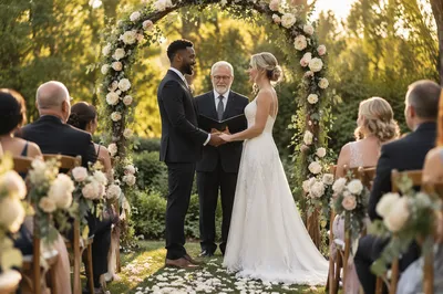 Interracial Couple Exchanging Vows in Garden